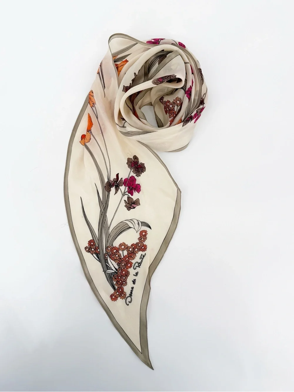 Vintage Oscar de La Renta Floral Silk Twilly Scarf